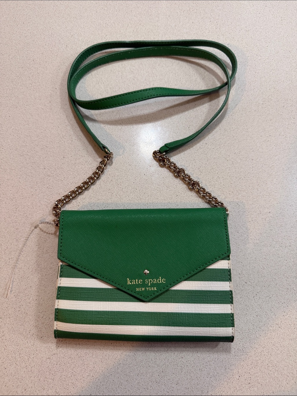 kate spade Green and White Striped Crossbody with Gold Chain